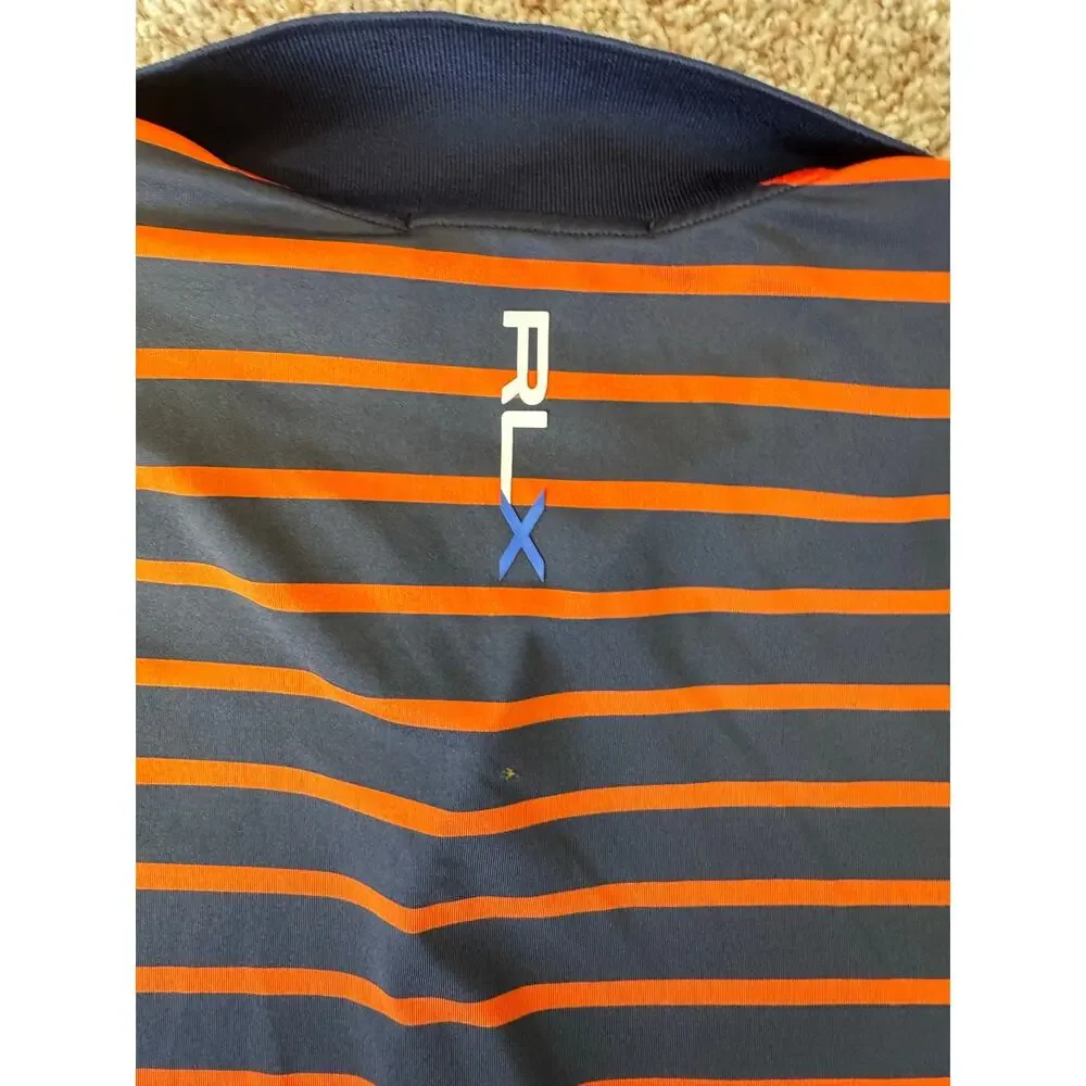 RLX Ralph Lauren Polo Shirt Mens L Navy Blue Orange Striped Short Sleeve Golf